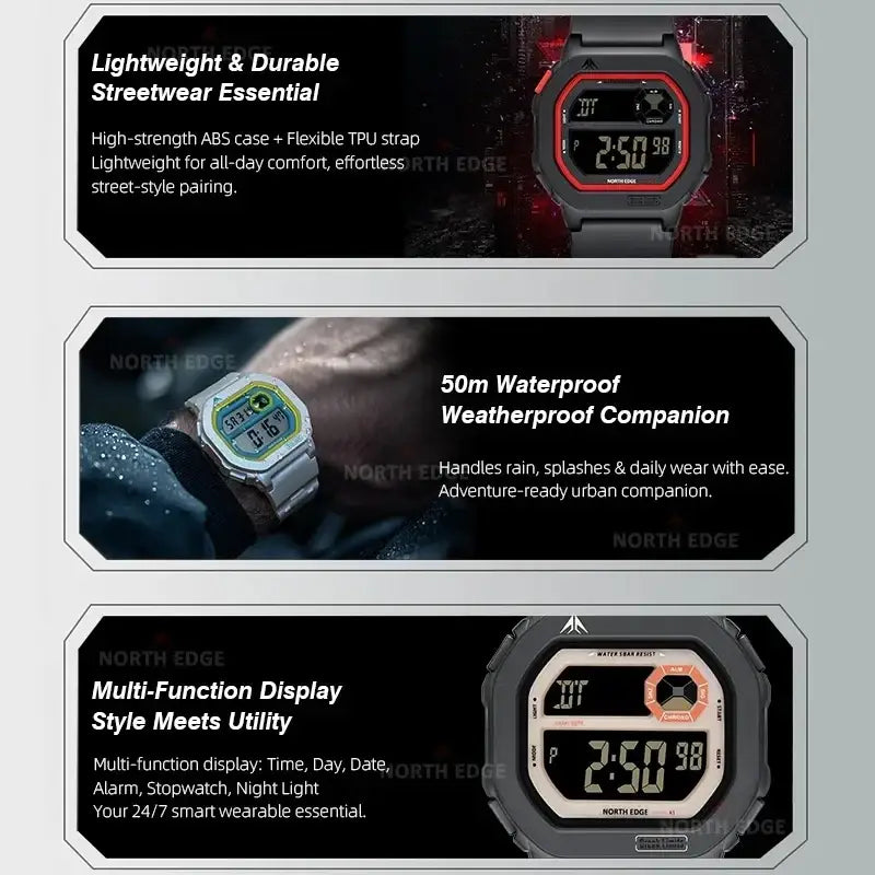North edge digital watch in black and red with rugged abs plastic case, flexible tpu strap, and battery included