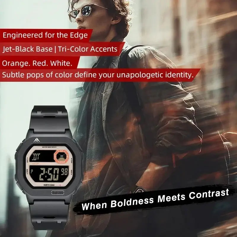 Jet-black north edge digital watch with abs plastic material 50m waterproof battery included and tri-color accents