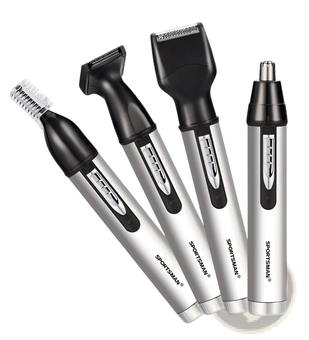 Silver and black sportsman 4 in 1 electric grooming kit with multi-tool attachments for trimming shaping and detailing
