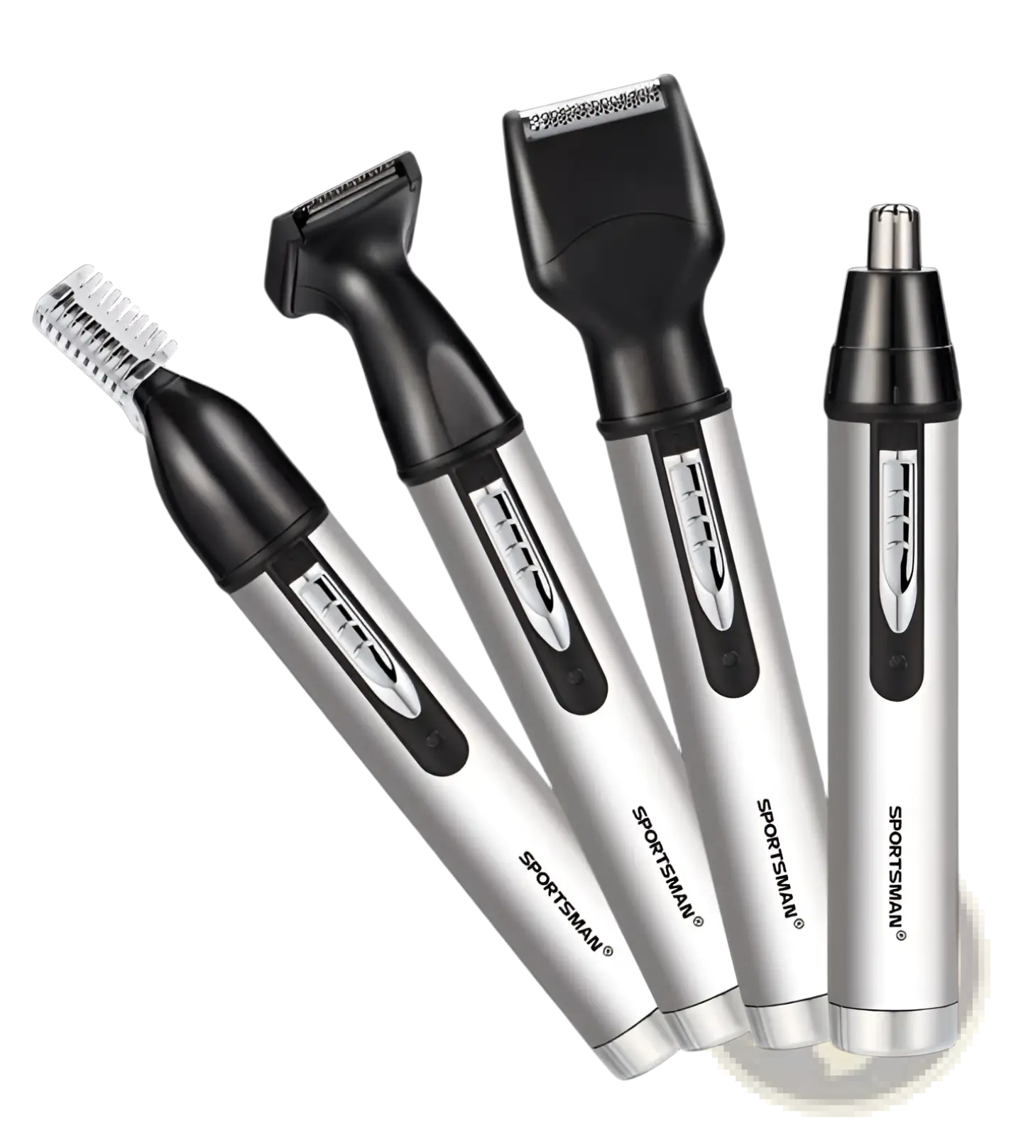 Silver and black sportsman 4 in 1 electric grooming kit with multi-tool attachments for trimming shaping and detailing