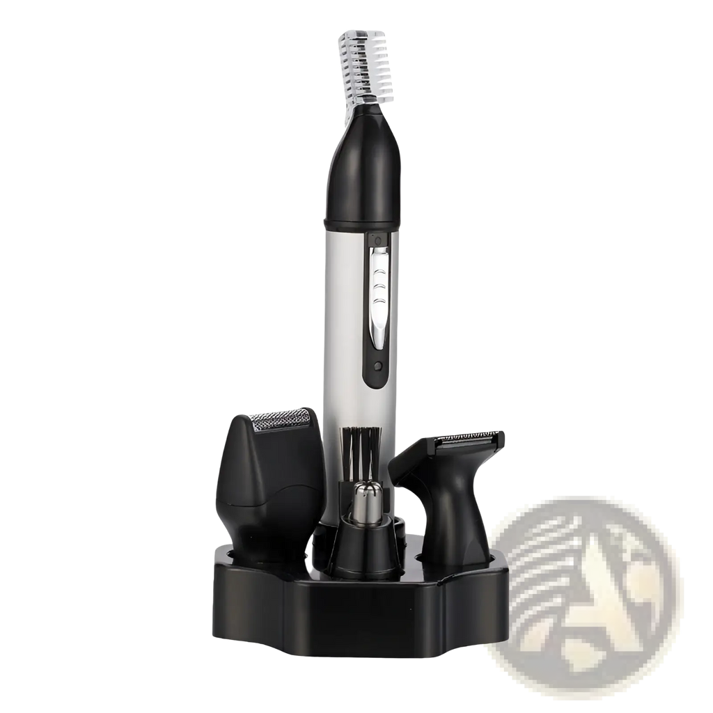 Black and silver 4 in 1 electric nose hair trimmer grooming kit with usb and multiple facial hair attachments