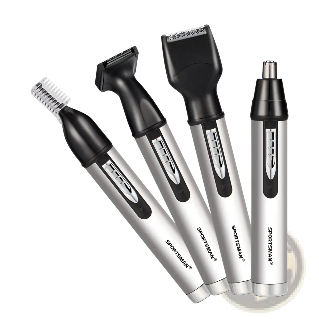 Silver and black sportsman nose hair trimmer 4 in 1 electric grooming kit with usb and multiple attachments for facial hair