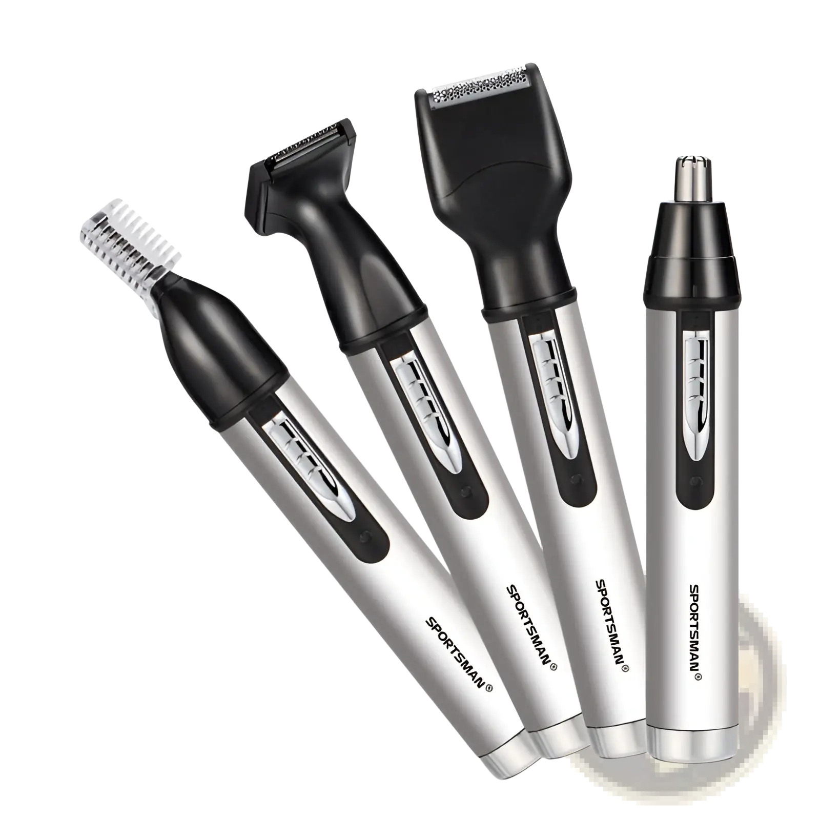 Silver and black sportsman nose hair trimmer 4 in 1 electric grooming kit with usb and multiple attachments for facial hair