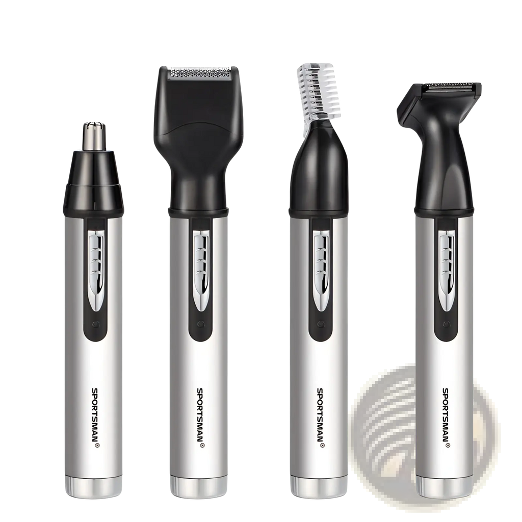 Silver and black sportsman multi-tool grooming set with interchangeable heads for precise facial hair trimming and nose hair trimming