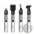Silver and black sportsman multi-tool grooming set with interchangeable heads for precise facial hair trimming and nose hair trimming