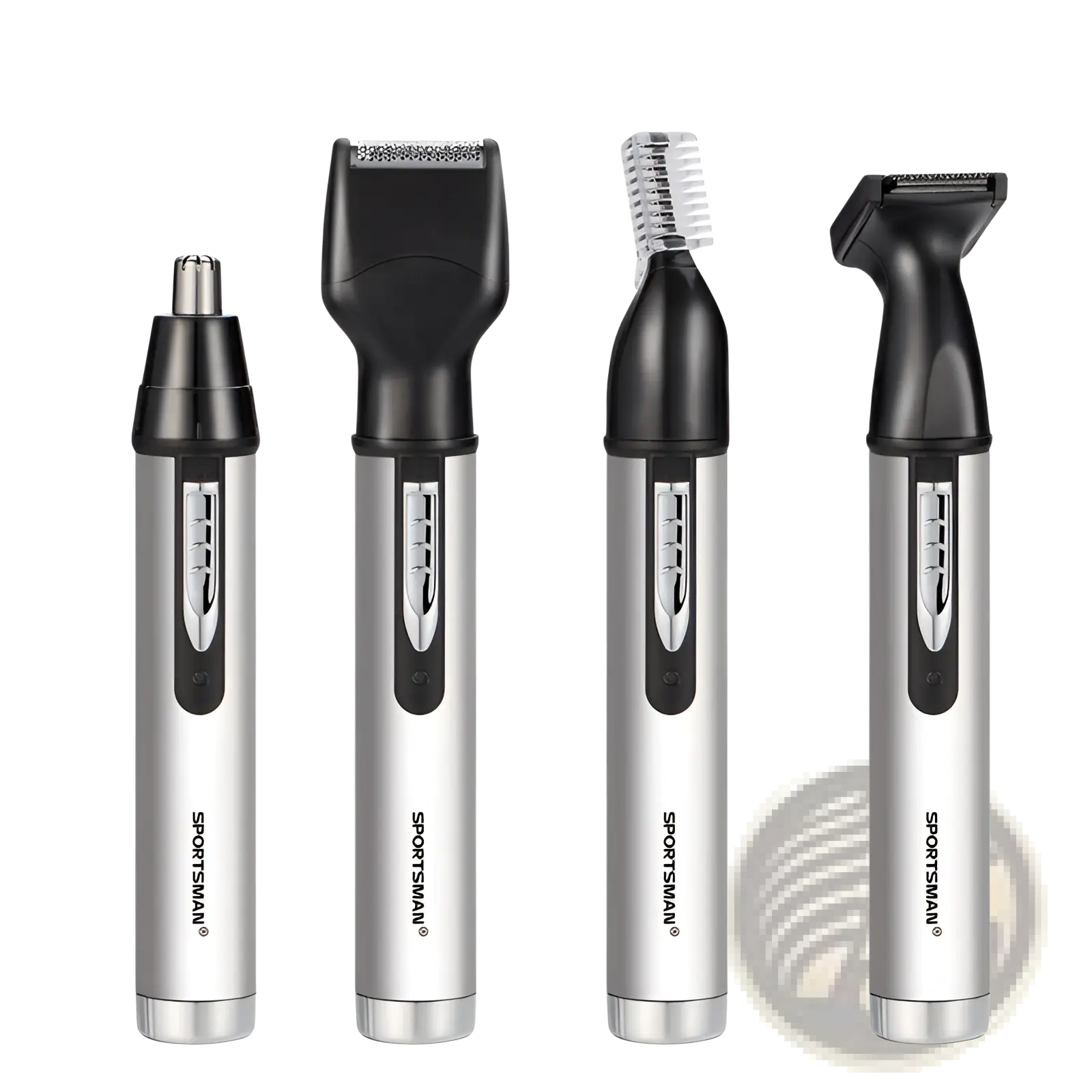 Silver and black sportsman multi-tool grooming set with interchangeable heads for precise facial hair trimming and nose hair trimming