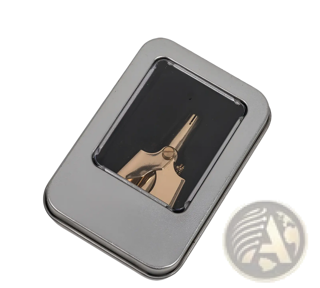 Gold-colored metal nail clipper in a silver tin box with clear window in a waterproof steel nose hair trimmer grooming kit