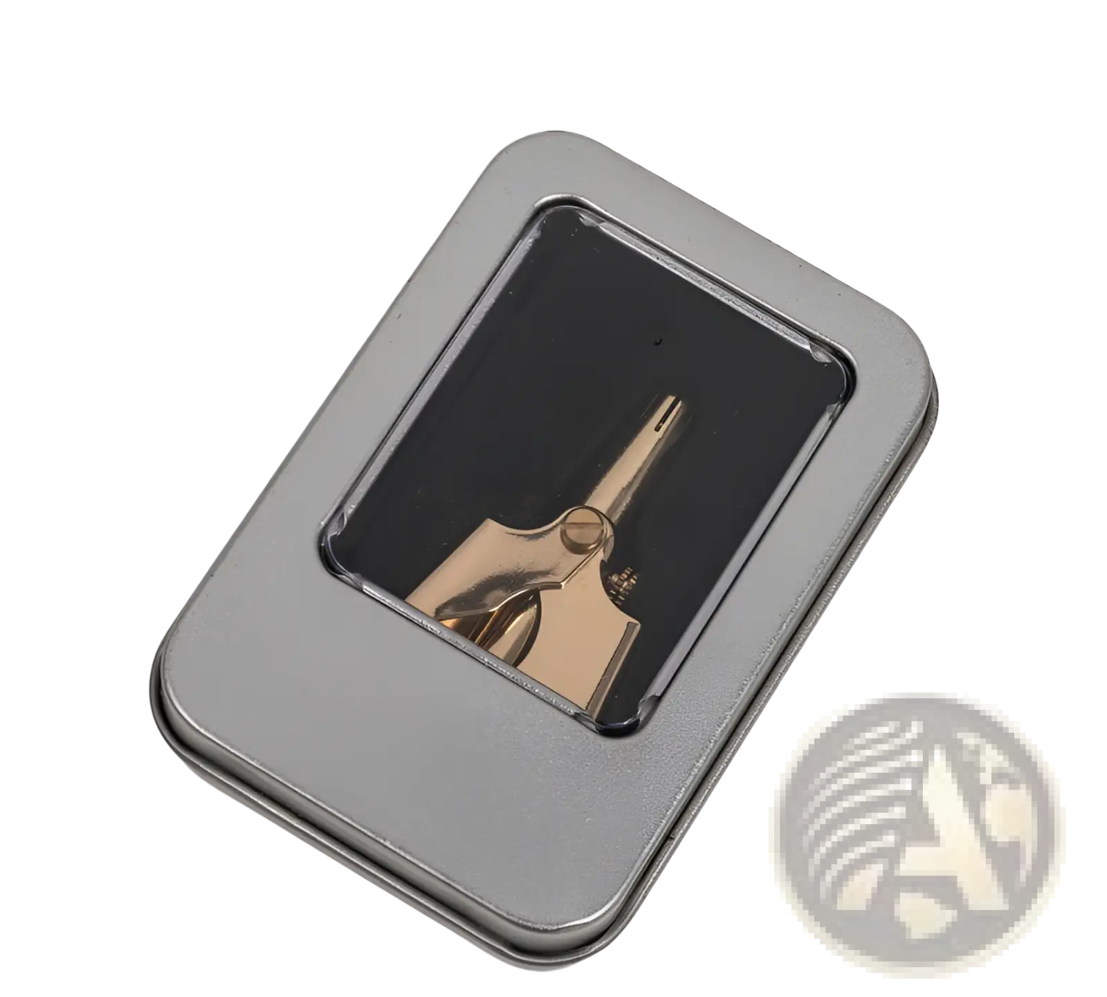 Gold-colored metal nail clipper in a silver tin box with clear window in a waterproof steel nose hair trimmer grooming kit
