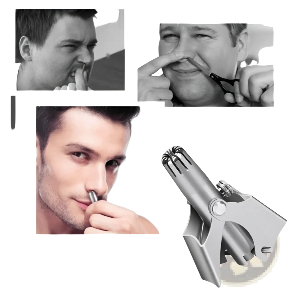 Silver metal nose hair trimmer with adjustable blades and ergonomic handle in a waterproof steel grooming kit