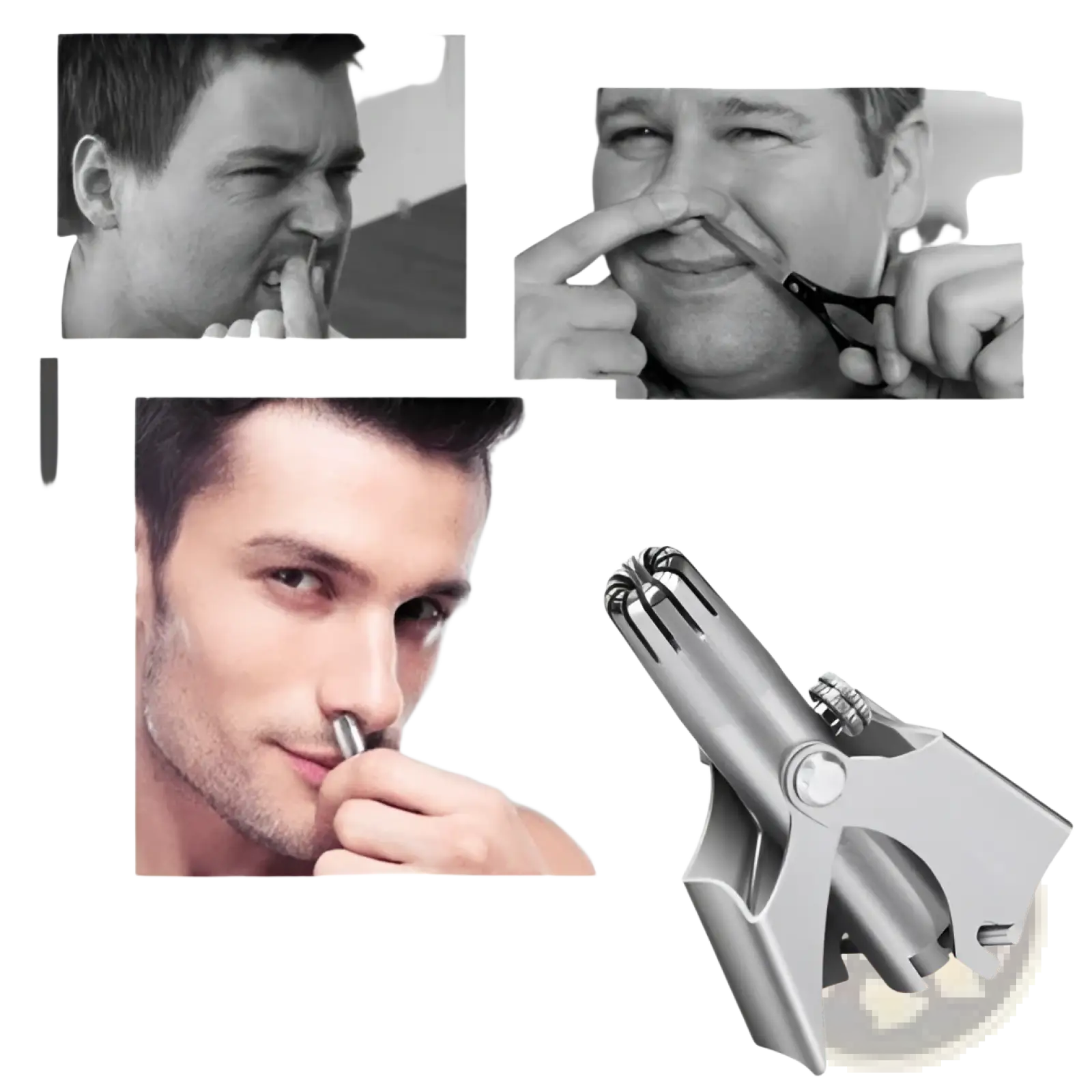 Silver metal nose hair trimmer with adjustable blades and ergonomic handle in a waterproof steel grooming kit