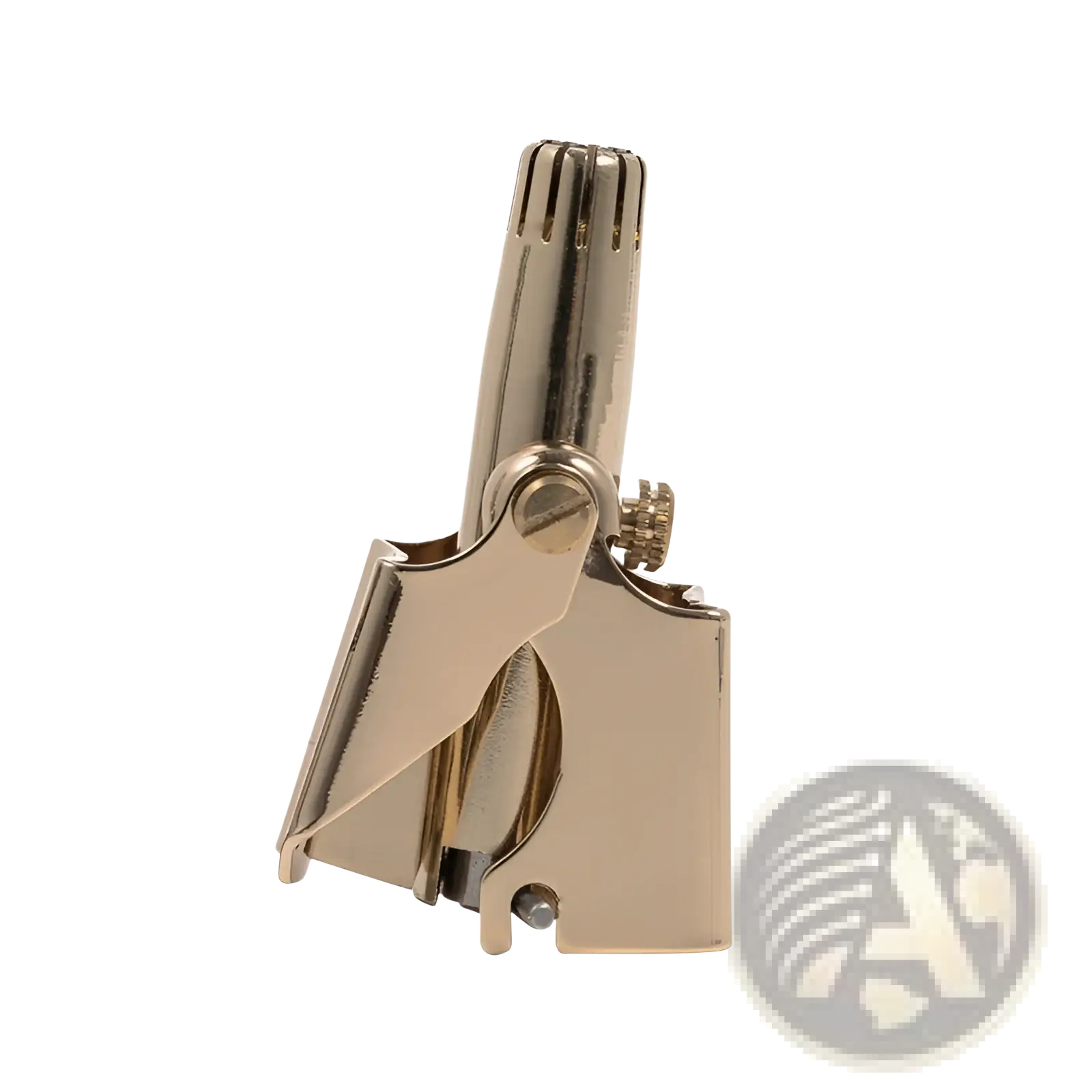 Gold-colored metal nose hair trimmer clip with adjustable screw and ridged top for grip in waterproof steel grooming kit
