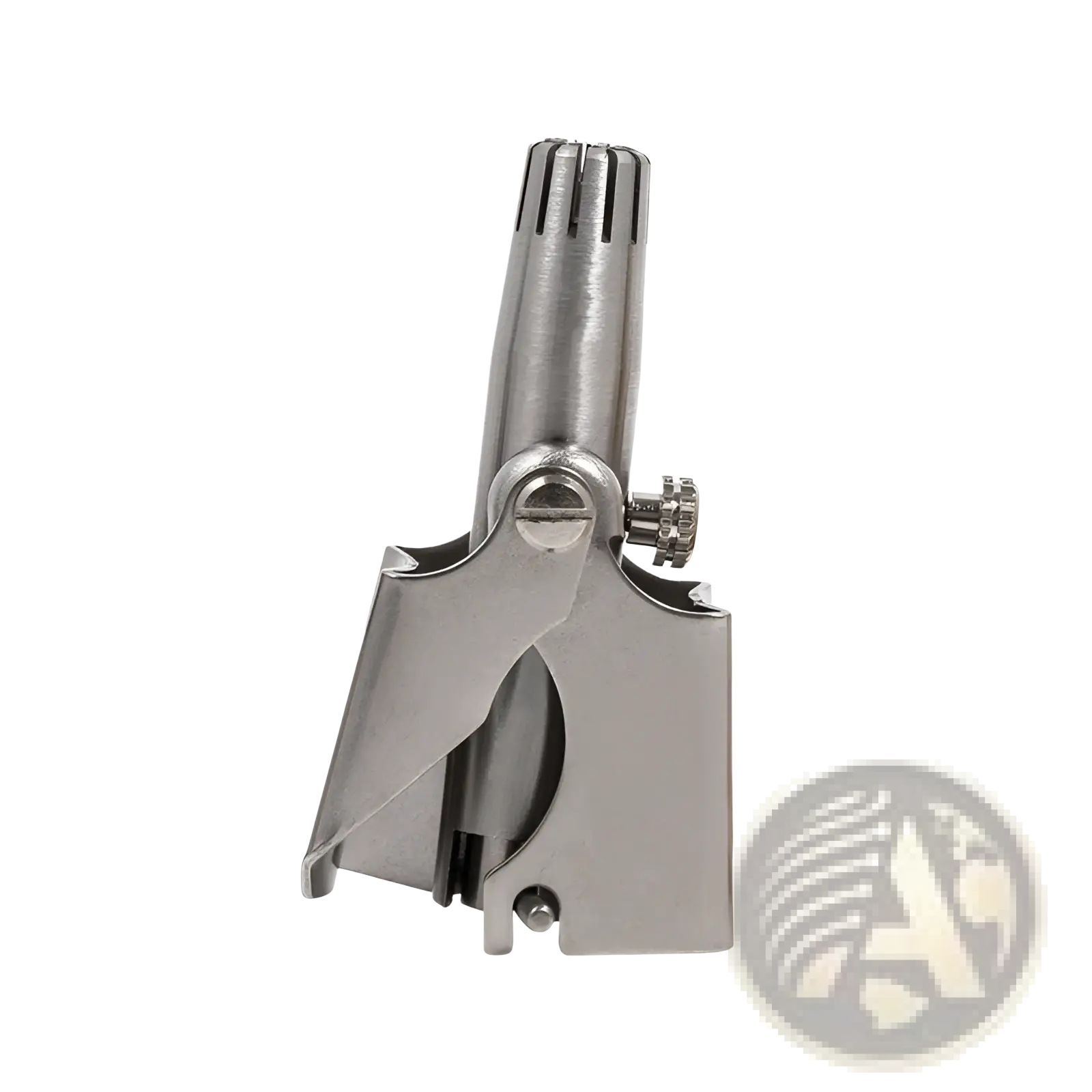 Silver metal nose clip with textured ribbed nozzle and adjustable clamping for waterproof steel nose hair trimmer grooming kit