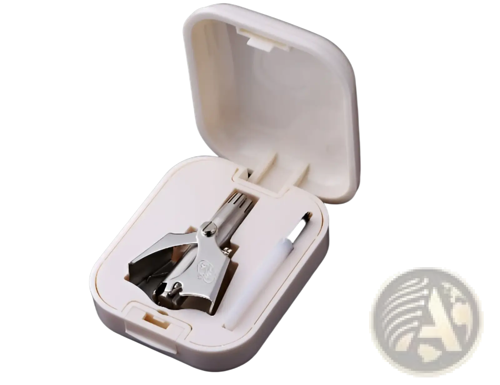 Silver nose hair trimmer in white plastic case featuring waterproof steel design for precise grooming use