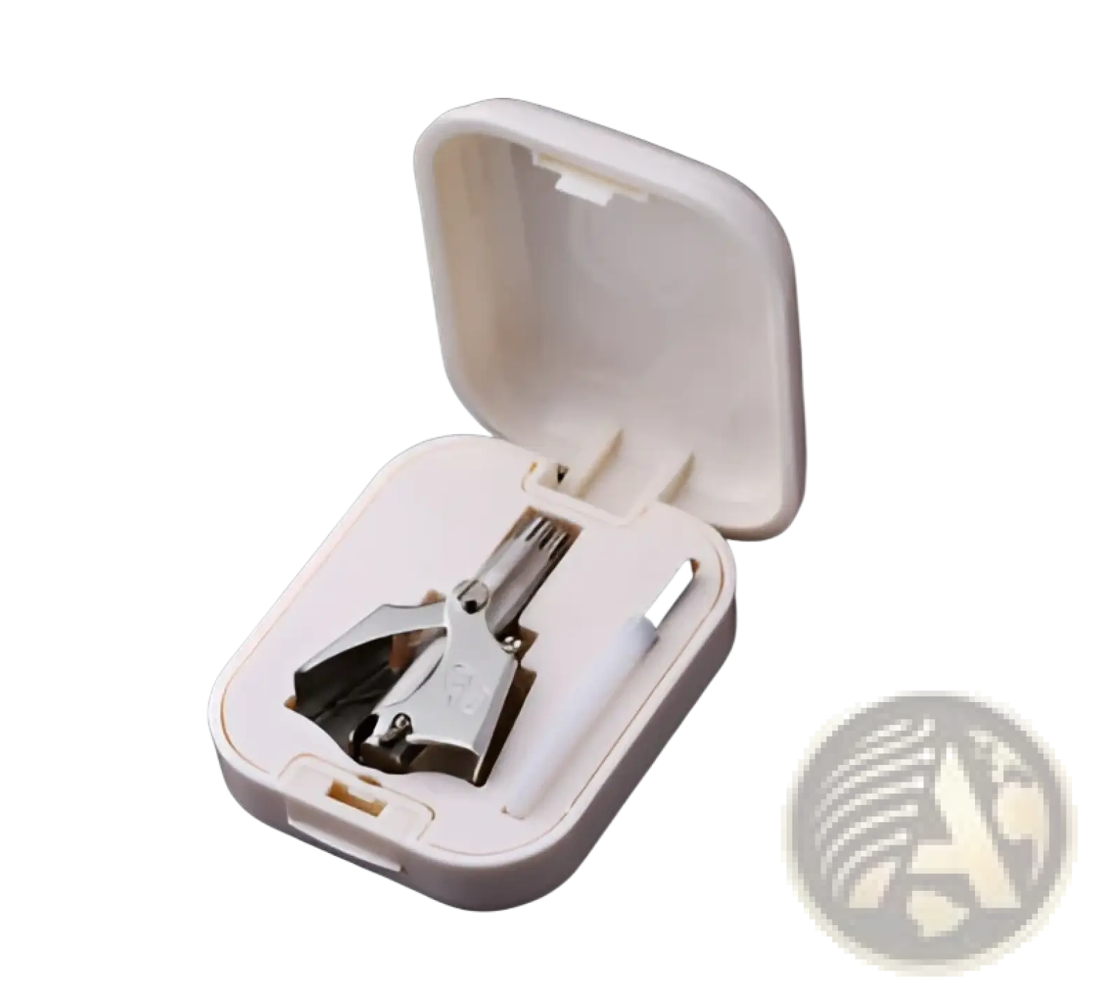 White plastic case containing two silver metal staplers as part of a waterproof steel nose hair trimmer grooming kit