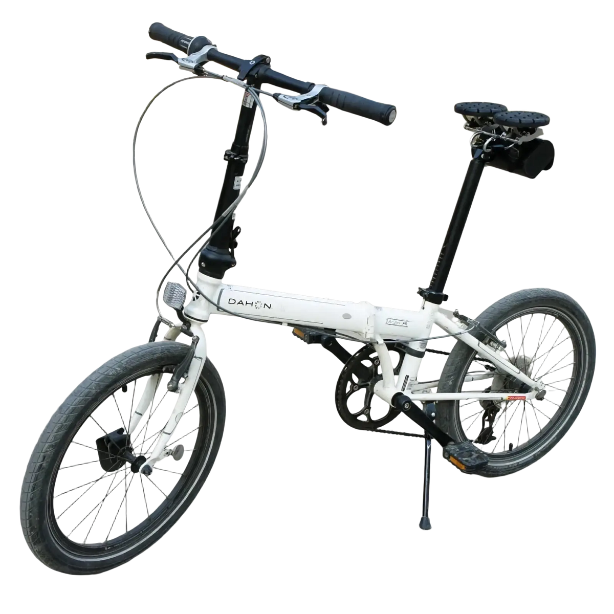 White dahon folding bicycle with black handlebars seat and tires featuring a noseless ergonomic long distance saddle