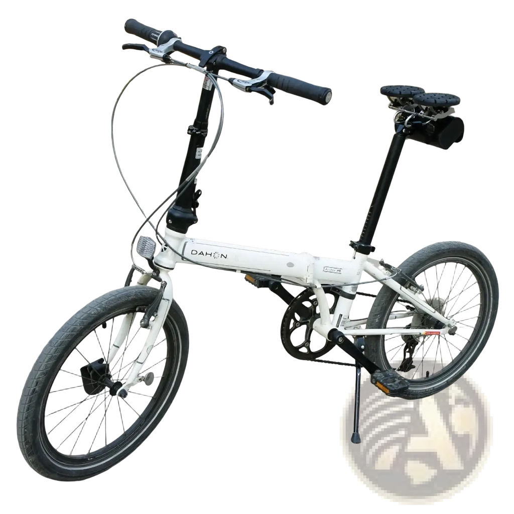 White dahon folding bicycle with black handlebars seat and tires featuring a noseless ergonomic long distance saddle