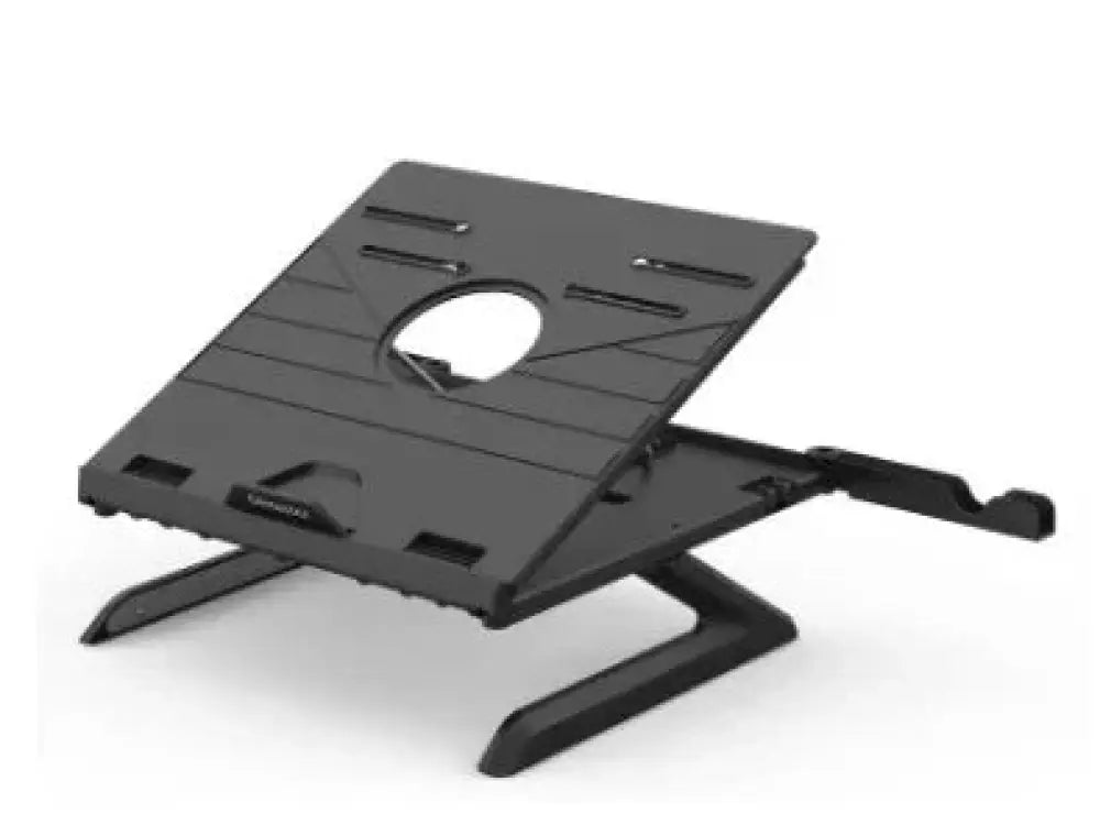 Black plastic adjustable ergonomic folding laptop stand with built-in cooling vents and phone holder shown from back side