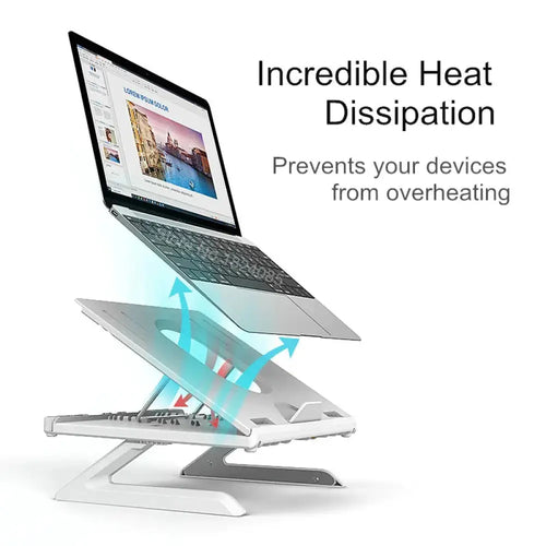 Silver adjustable ergonomic folding laptop stand with phone holder featuring height adjustment and heat dissipation design