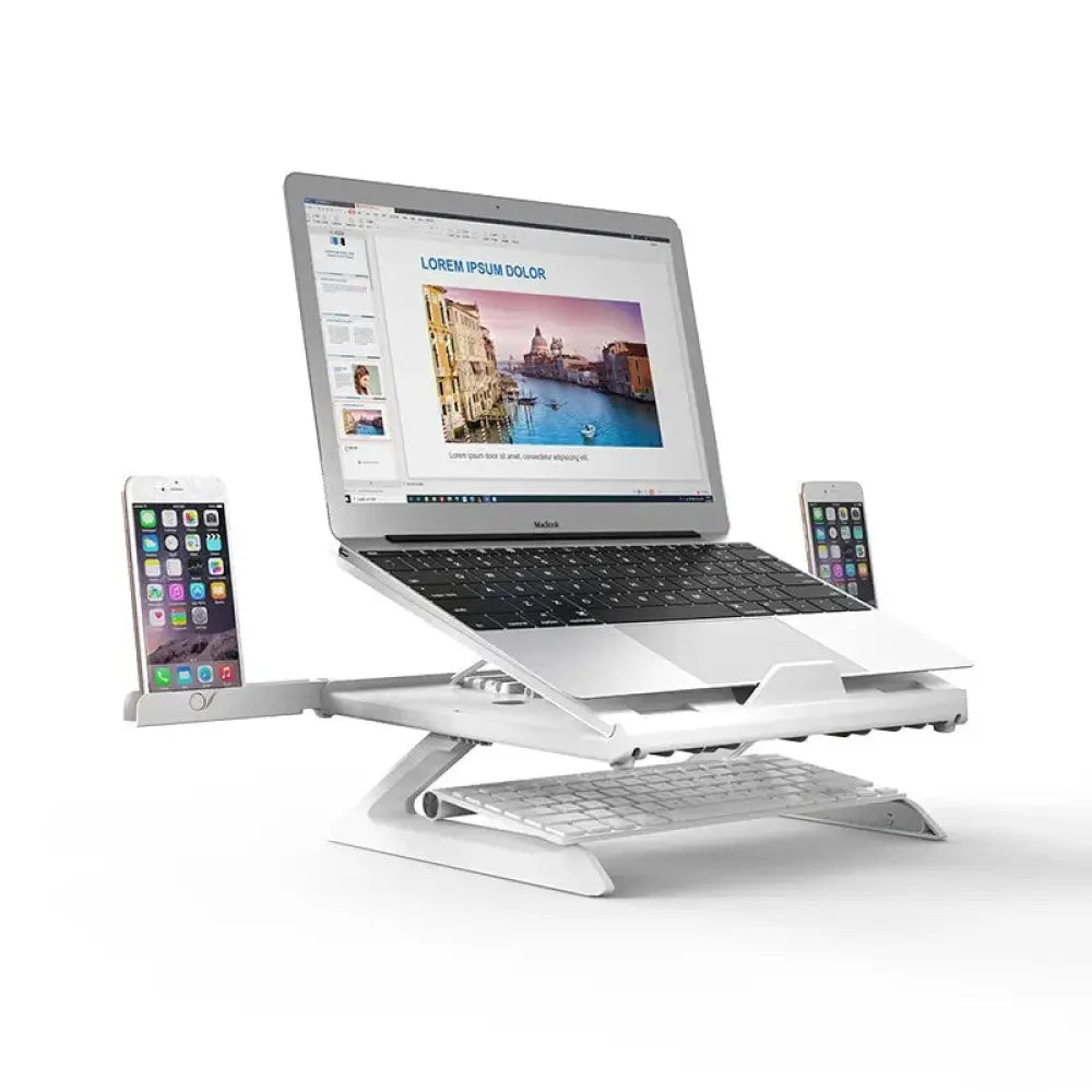 White adjustable ergonomic folding laptop stand with integrated phone holders and keyboard tray for workspace organization