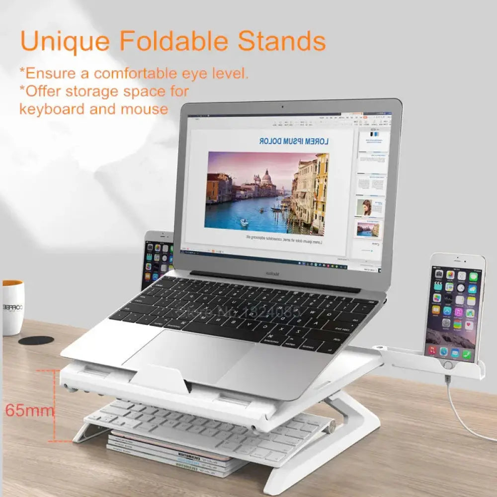 Adjustable ergonomic folding white laptop stand with integrated phone holder and keyboard storage compartment