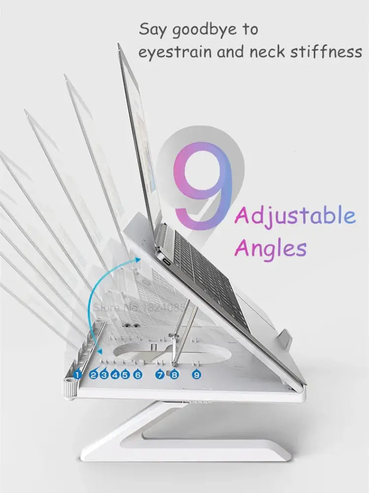 Adjustable ergonomic folding white plastic laptop stand with nine adjustable angles and phone holder for support