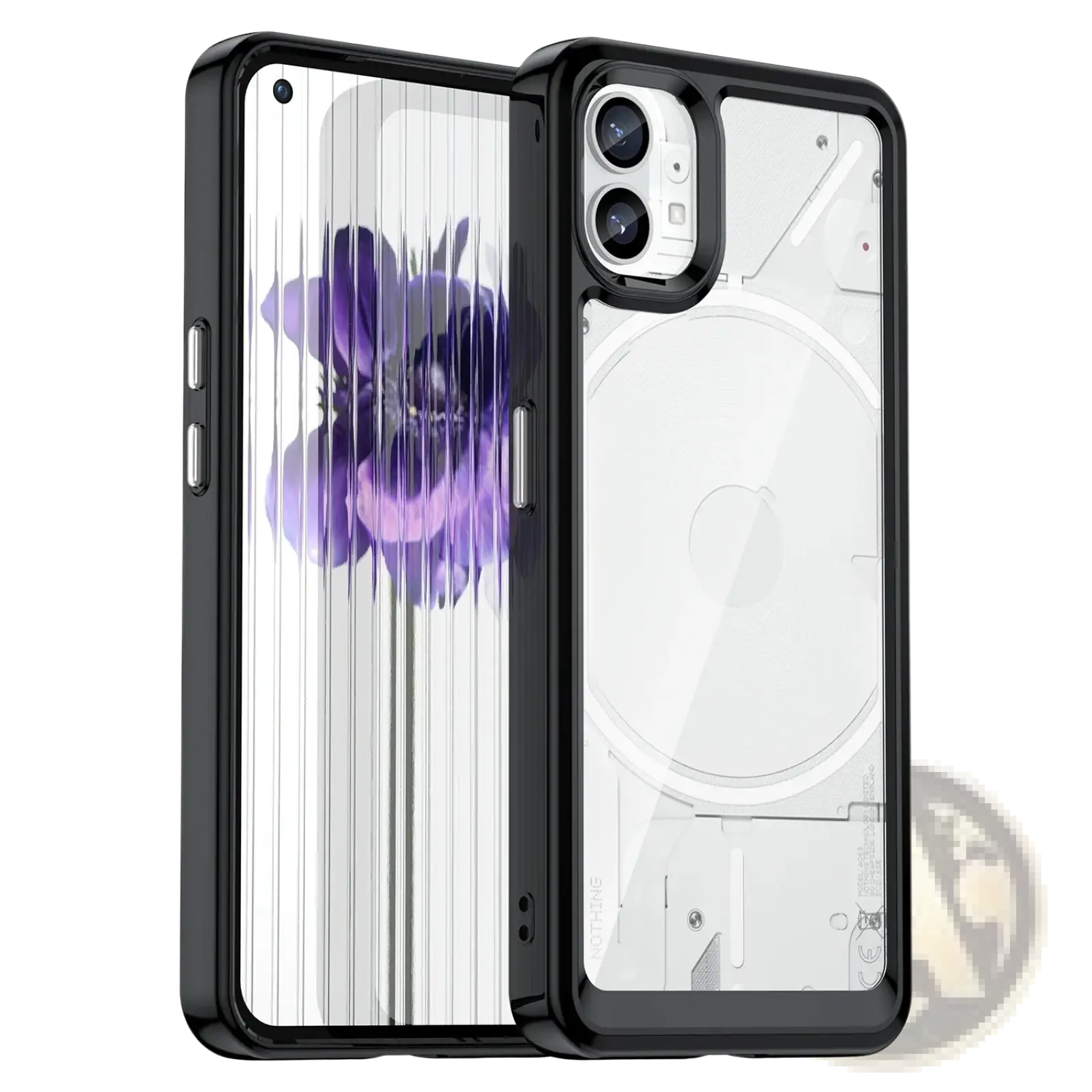 Nothing Phone 1 transparent pink case with black-framed transparent design and purple floral pattern on the front panel
