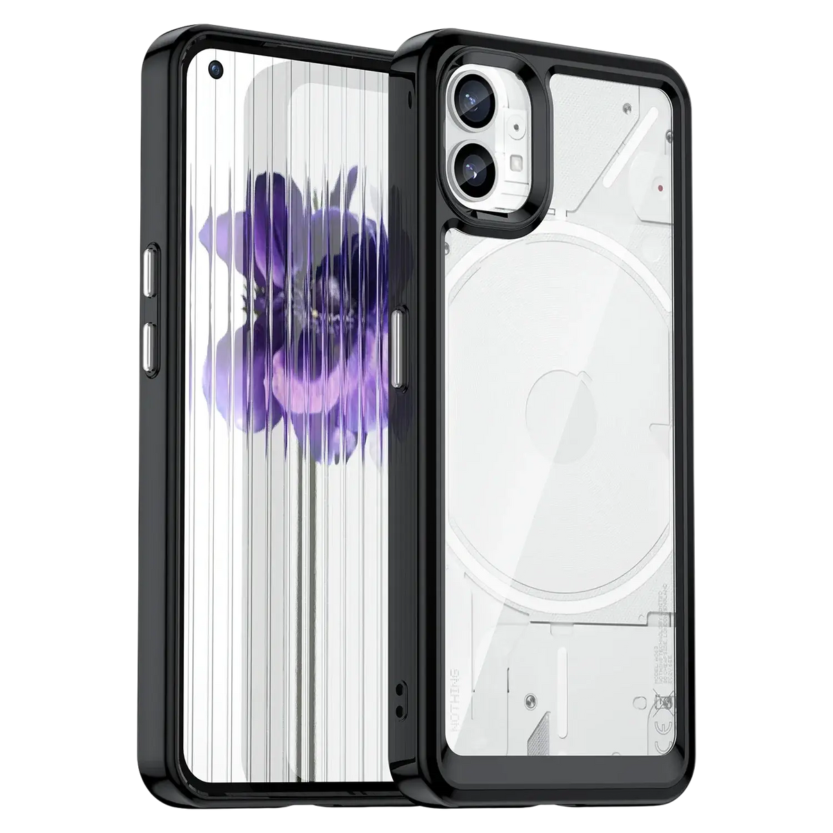 Nothing Phone 1 transparent pink case with black-framed transparent design and purple floral pattern on the front panel