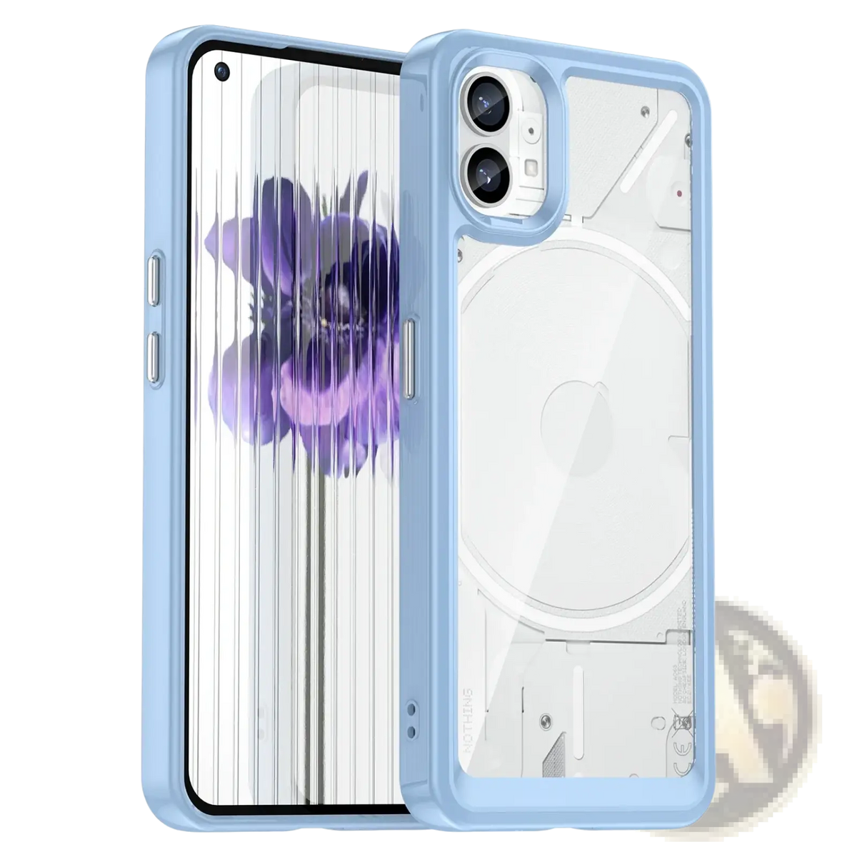 Light blue transparent phone case with soft silicone border and dual-camera cutout shown from the back for nothing phone 1