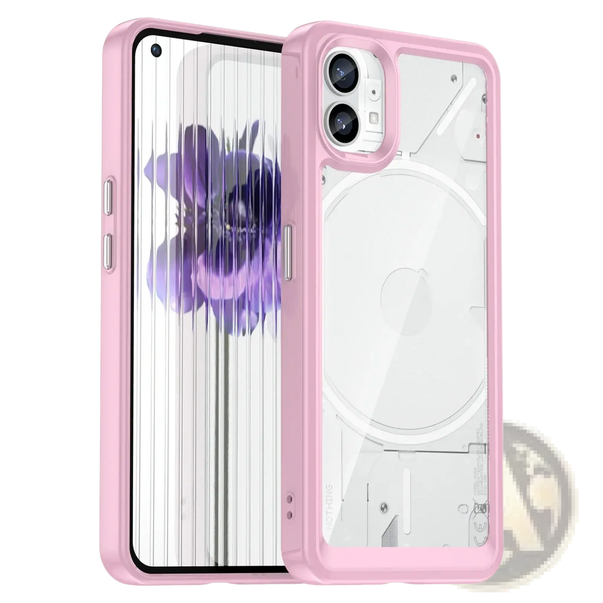 Pink protective phone case for Nothing Phone 1 with transparent back panel and dual-camera cutout shown from the back side