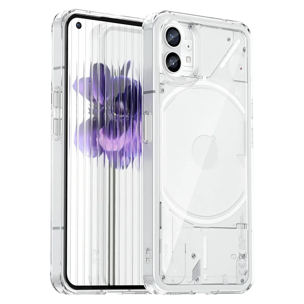 Back side of clear transparent pink Nothing Phone 1 case with vertical ribbed texture and camera and charging port cutouts
