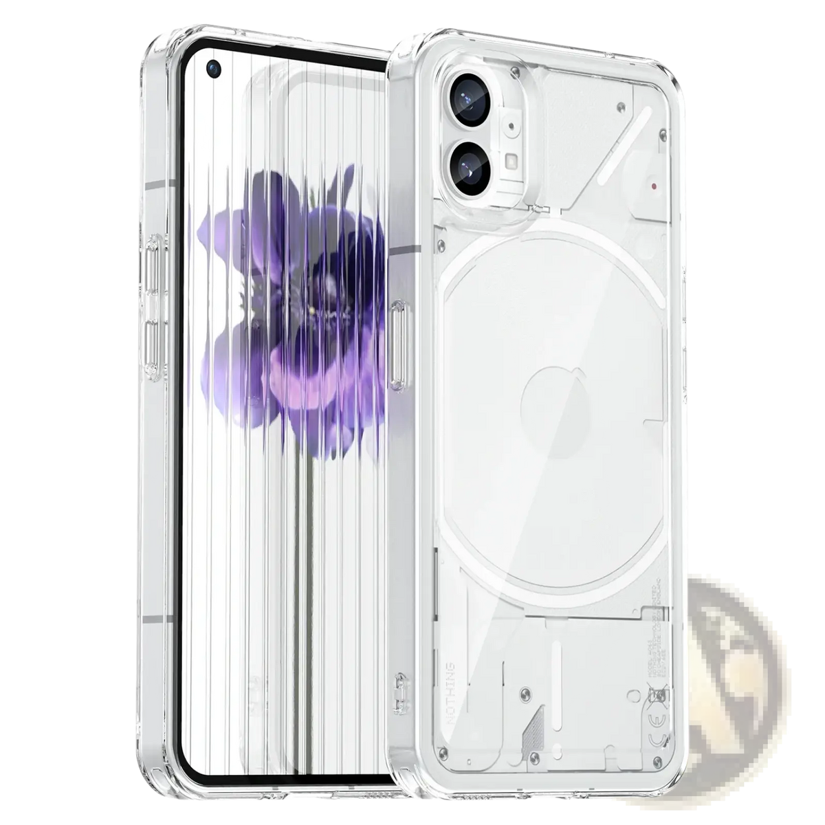 Back side of clear transparent pink Nothing Phone 1 case with vertical ribbed texture and camera and charging port cutouts