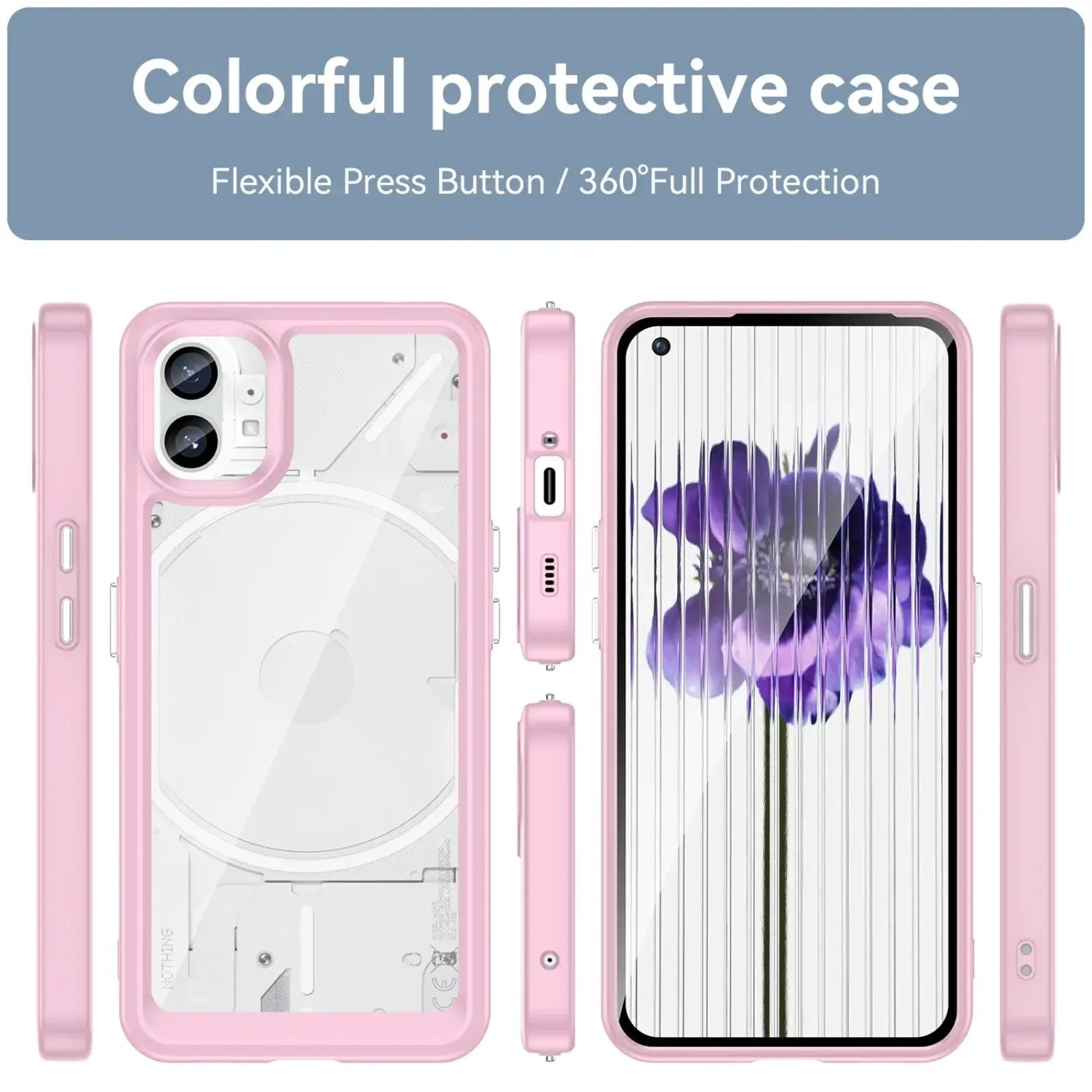 Back side of pink flexible protective nothing phone 1 case with transparent back panel and 360-degree protection design