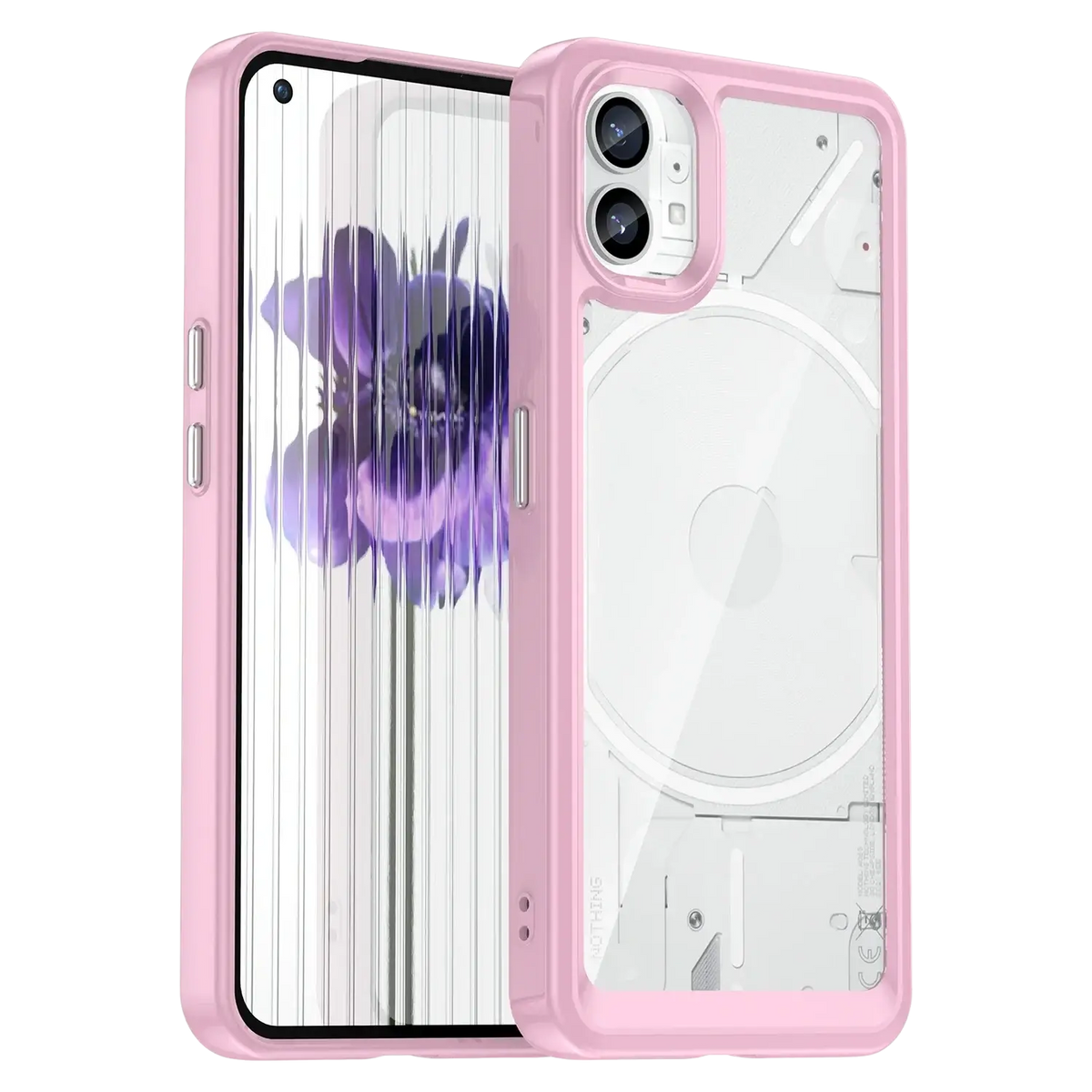 Pink protective phone case for Nothing Phone 1 with transparent back panel and dual-camera cutout shown from the back side