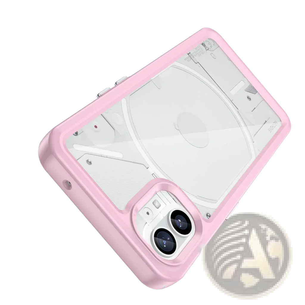 Back side of a pink transparent Nothing Phone 1 case with reinforced corners for drop protection