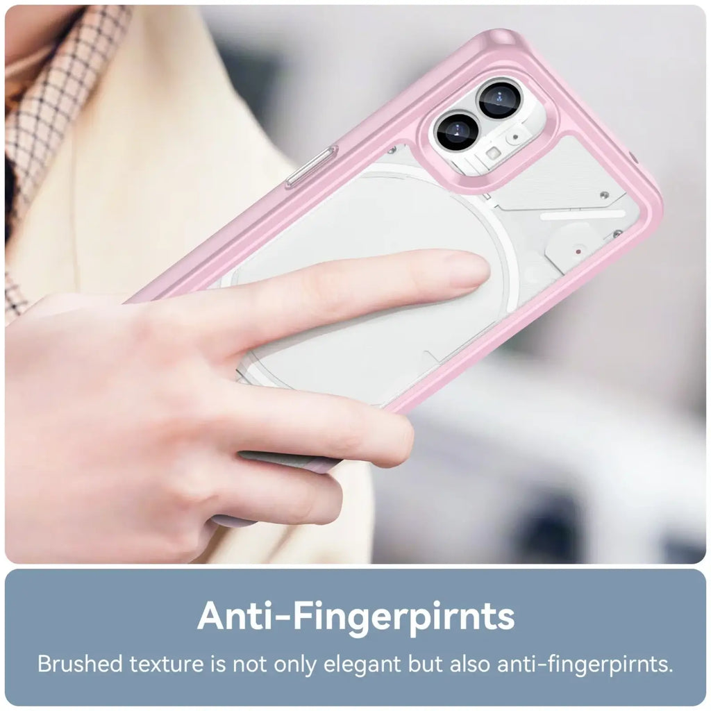 Back view of a pink transparent protective Nothing Phone 1 case with white magnetic charging pad and dual-camera cutout
