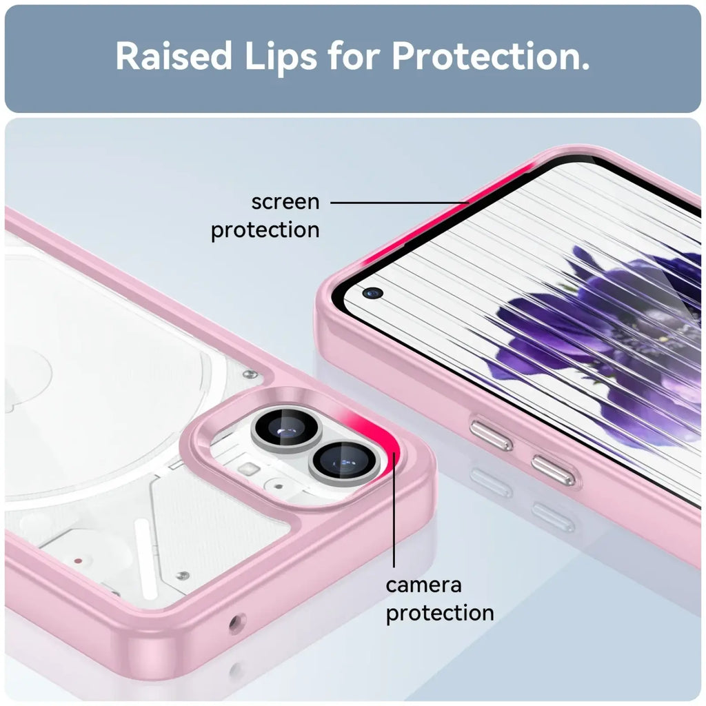 Back side of nothing phone 1 transparent pink case with raised lips for enhanced protection and camera screen safety