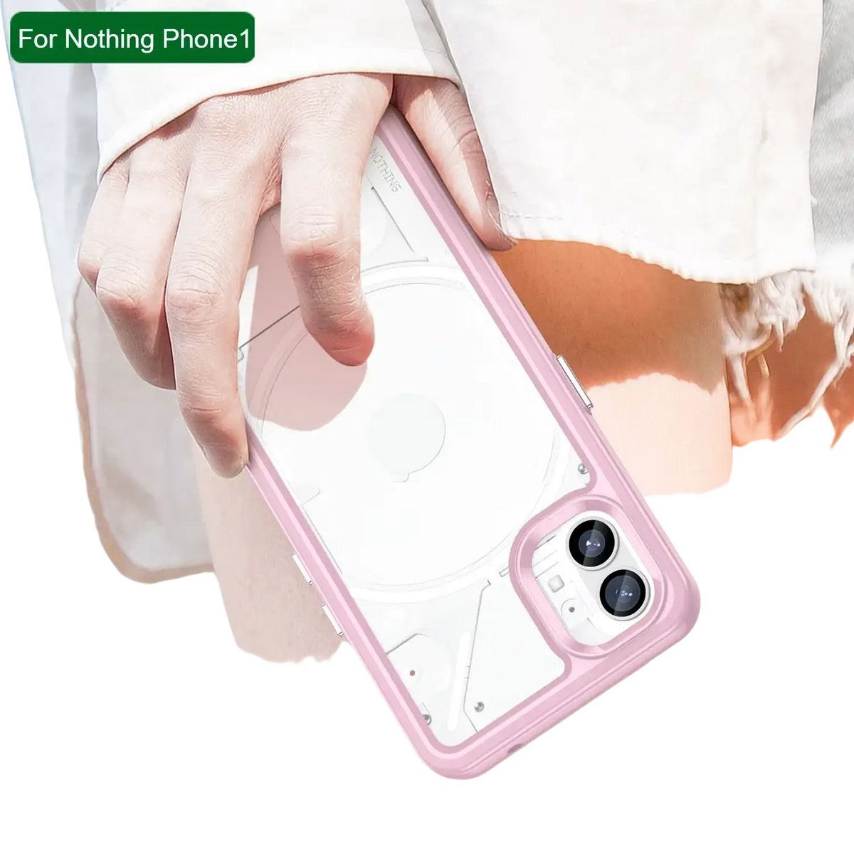Back side of a translucent pink protective case with a clear back panel and geometric cutouts for the nothing phone 1
