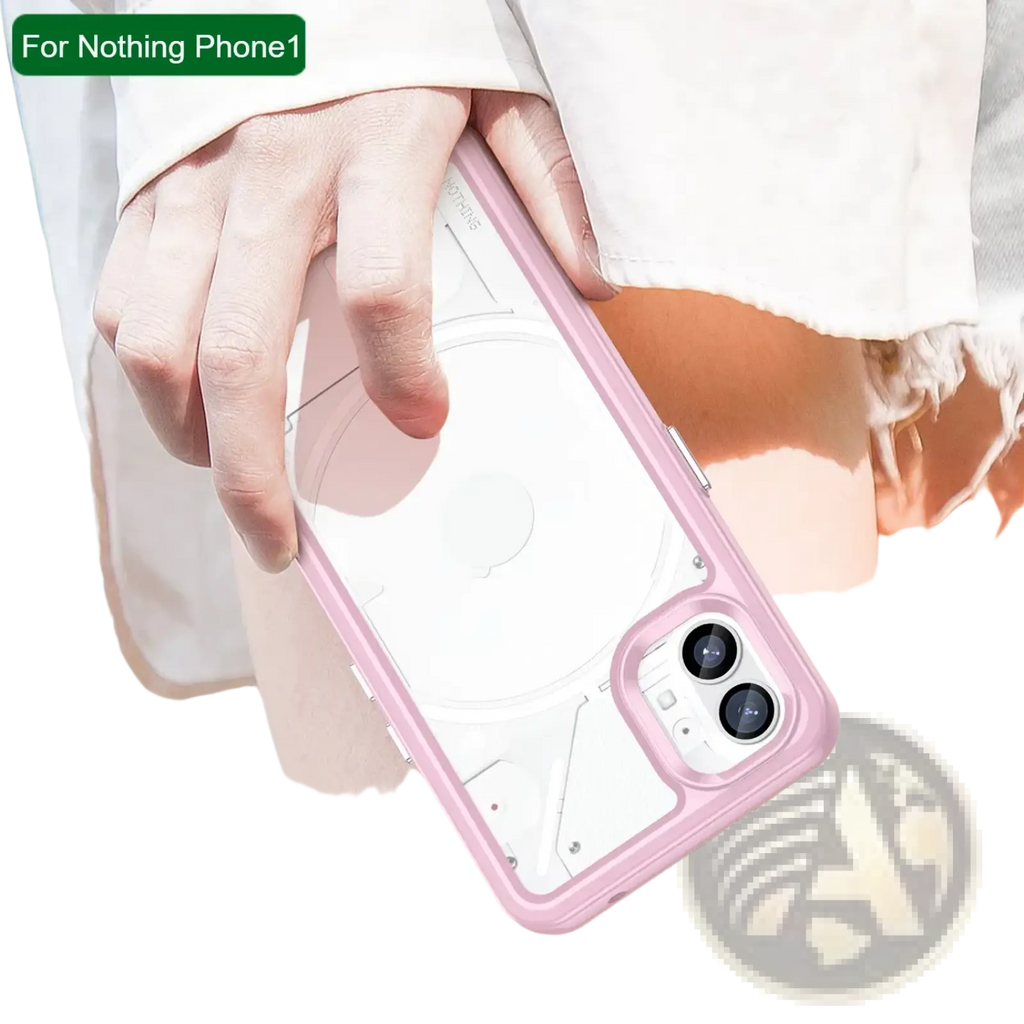 Back side of a translucent pink protective case with a clear back panel and geometric cutouts for the nothing phone 1