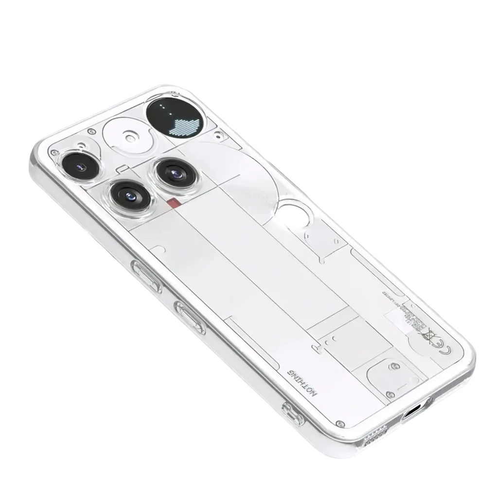 Back side of clear transparent tpu case for Nothing Phone 3 with white line-art blueprint design and precise cutouts