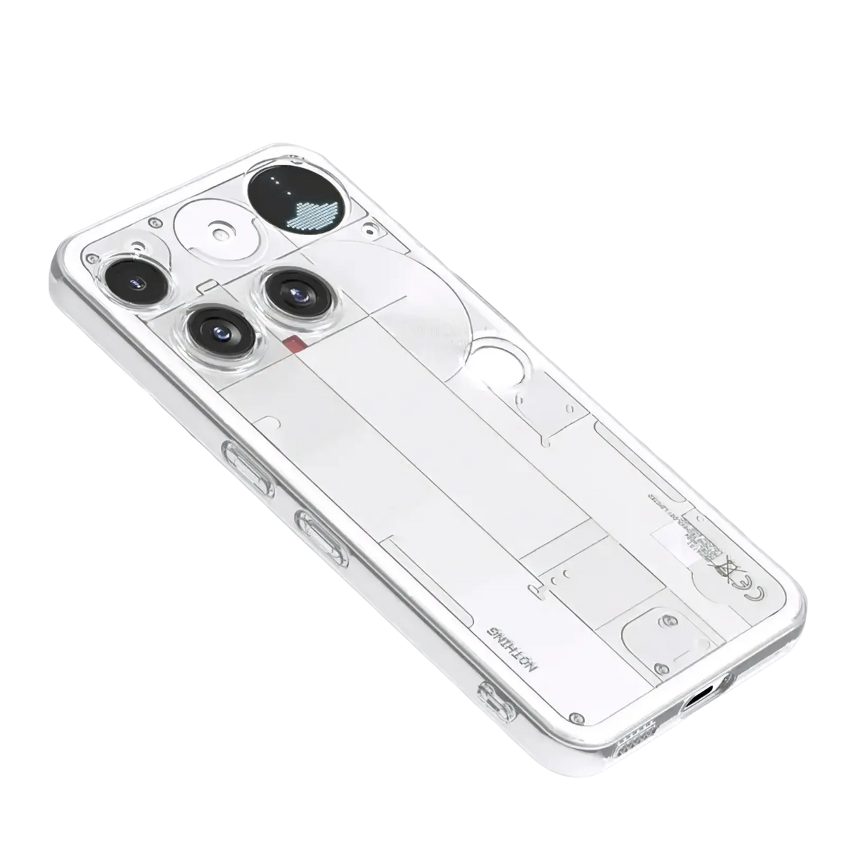 Back side of clear transparent tpu case for Nothing Phone 3 with white line-art blueprint design and precise cutouts