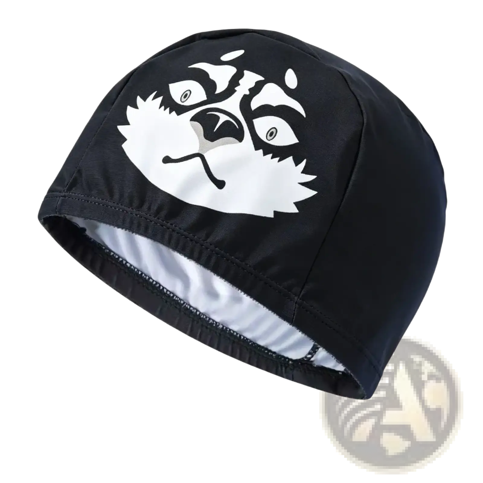 Black novelty cartoon animal swim cap for adults and kids featuring a white raccoon face design and gray lining