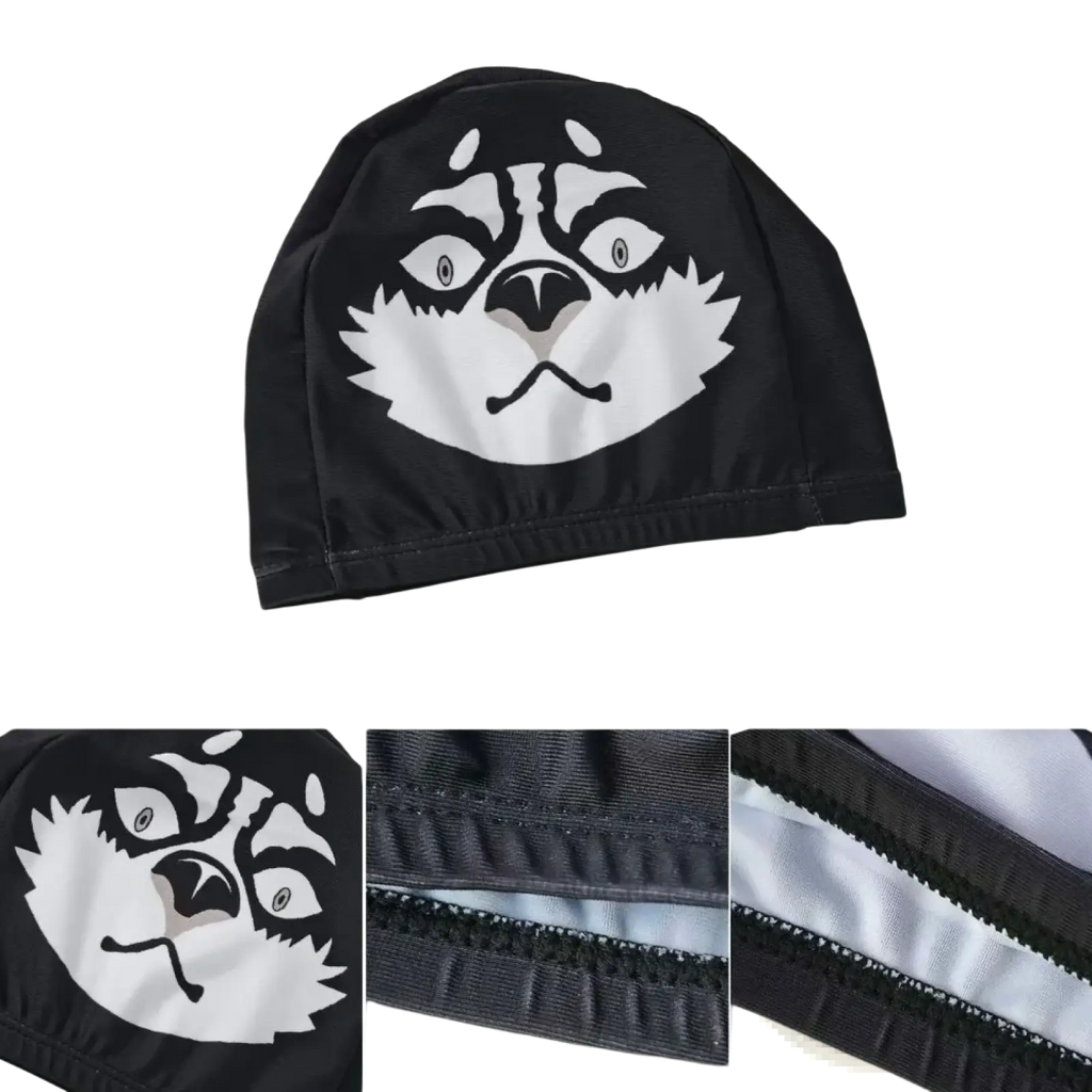 Black swim cap featuring a bold white anime-style husky face graphic for adults and kids novelty swimwear