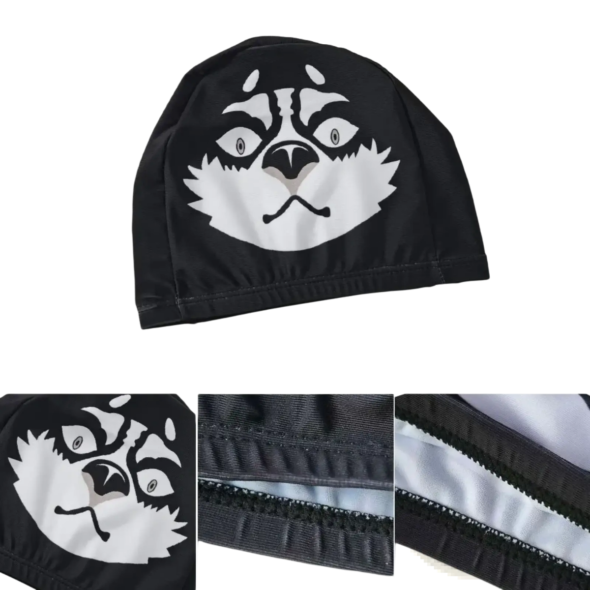 Black swim cap featuring a bold white anime-style husky face graphic for adults and kids novelty swimwear