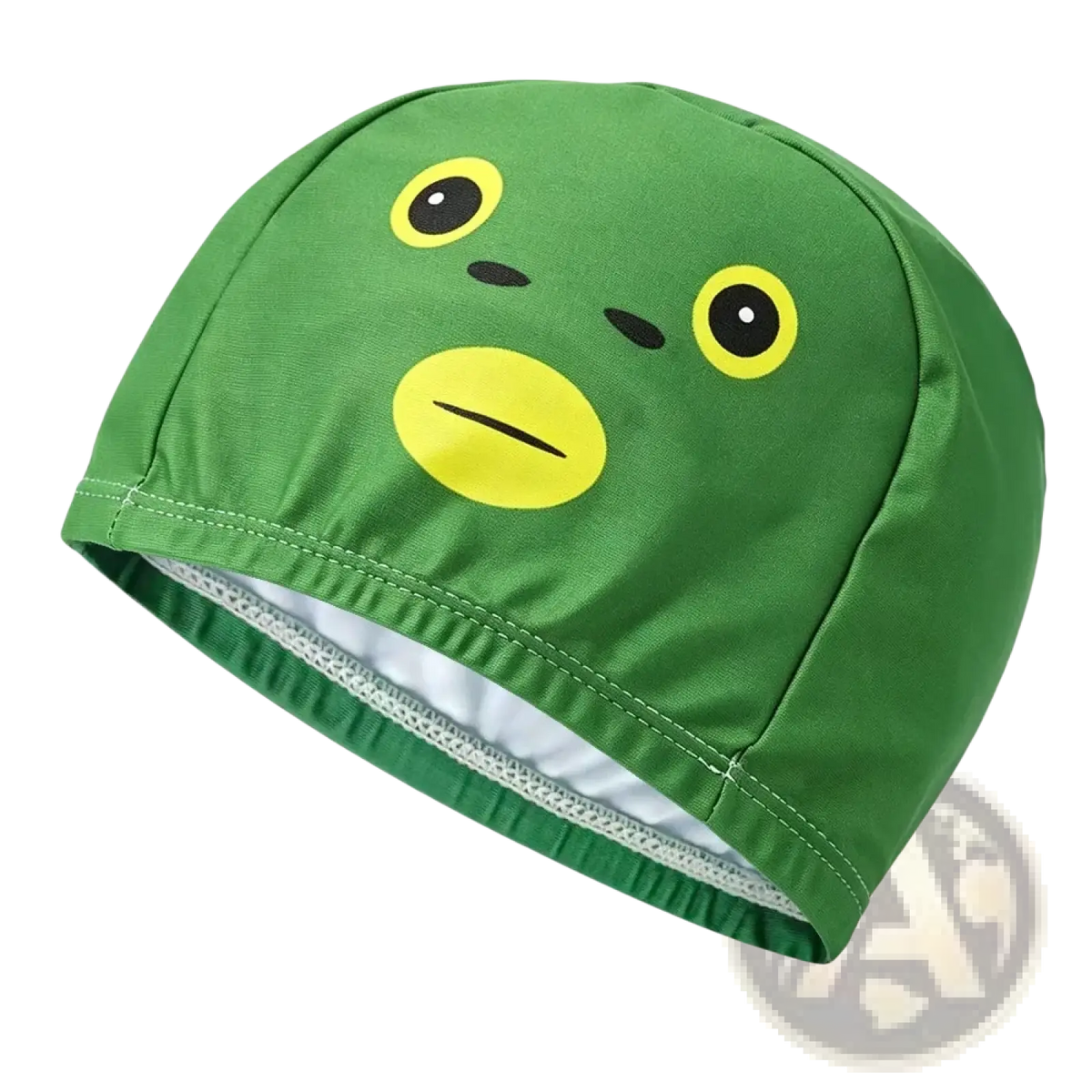 Green frog-themed swim cap with yellow eyes and mouth made of smooth fabric for adults and kids