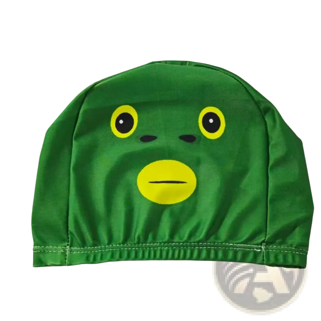 Novelty cartoon animal swim cap featuring a green frog design with yellow eyes and mouth made of smooth fabric