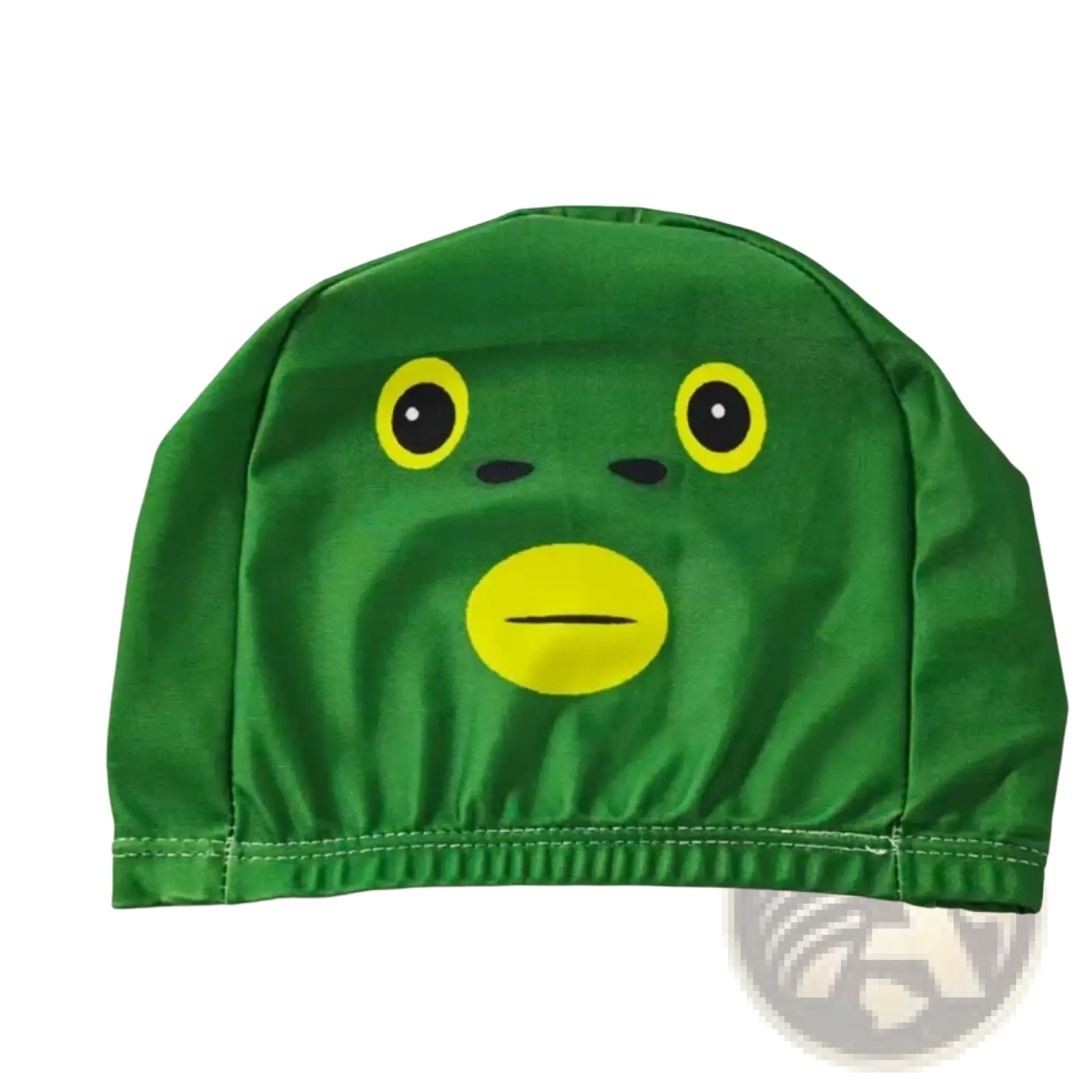 Novelty cartoon animal swim cap featuring a green frog design with yellow eyes and mouth made of smooth fabric