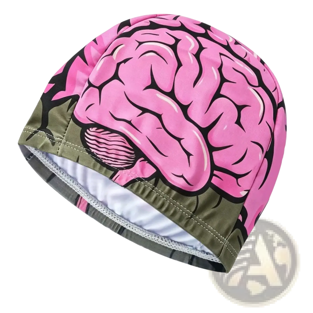 Pink brain-themed novelty cartoon animal swim cap with black outlines and olive green trim for adults and kids