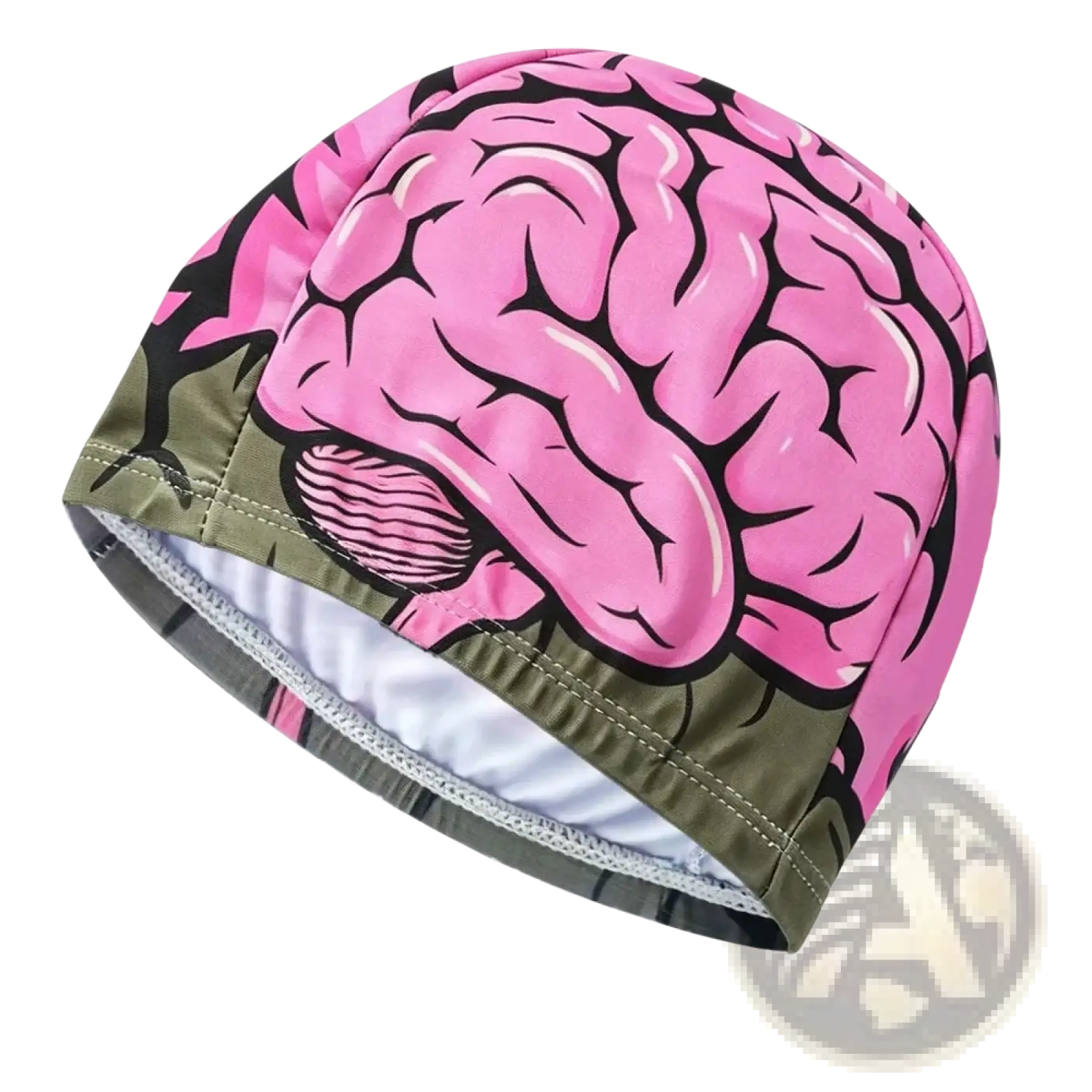 Pink brain-themed novelty cartoon animal swim cap with black outlines and olive green trim for adults and kids