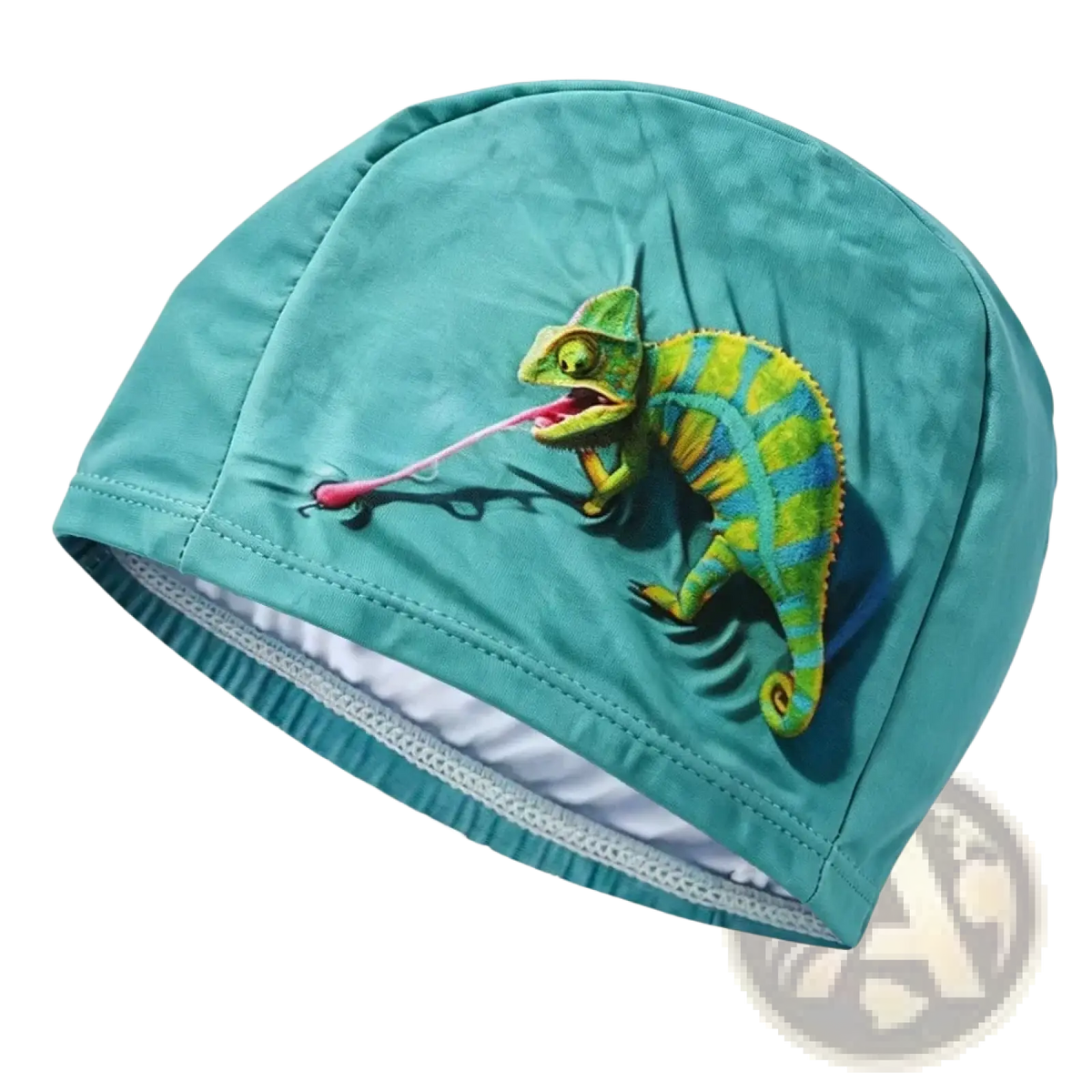 Teal swim cap featuring a vibrant green and yellow chameleon illustration catching a pink insect for adults and kids