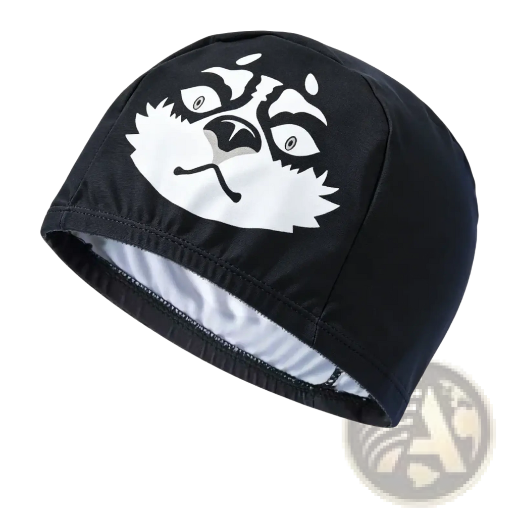 Black silicone swim cap for adults and kids featuring a bold white cartoon animal face design